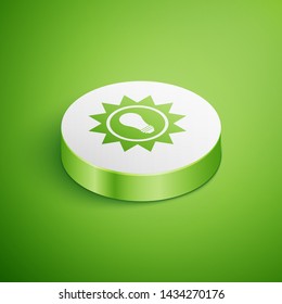 Isometric Solar energy panel icon isolated on green background. Sun and light bulb. White circle button. Vector Illustration