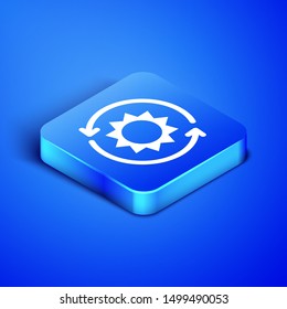 Isometric Solar energy panel icon isolated on blue background. Sun with lightning symbol. Blue square button. Vector Illustration