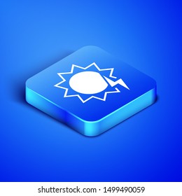 Isometric Solar energy panel icon isolated on blue background. Sun with lightning symbol. Blue square button. Vector Illustration