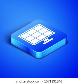 Isometric Solar energy panel icon isolated on blue background. Blue square button. Vector Illustration