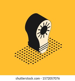 Isometric Solar energy panel icon isolated on yellow background. Sun and light bulb.  Vector Illustration