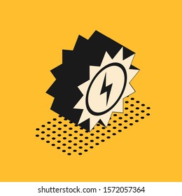 Isometric Solar energy panel icon isolated on yellow background. Sun with lightning symbol.  Vector Illustration