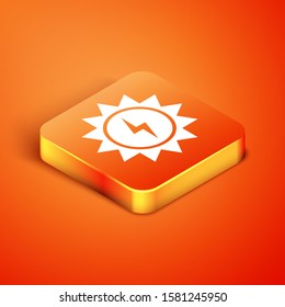 Isometric Solar energy panel icon isolated on orange background. Sun with lightning symbol.  Vector Illustration
