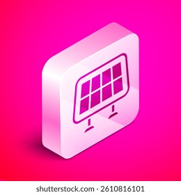 Isometric Solar energy panel icon isolated on pink background. Silver square button. Vector