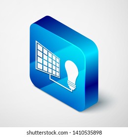 Isometric Solar energy panel and light bulb icon isolated on white background. Blue square button. Vector Illustration