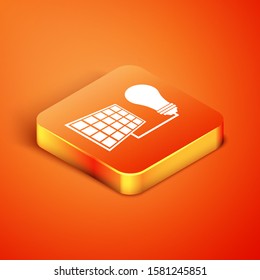 Isometric Solar energy panel and light bulb icon isolated on orange background.  Vector Illustration