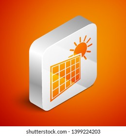Isometric Solar energy panel and sun icon isolated on orange background. Silver square button. Vector Illustration