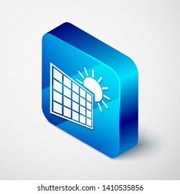 Isometric Solar energy panel and sun icon isolated on white background. Blue square button. Vector Illustration