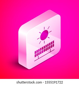 Isometric Solar energy panel and sun icon isolated on pink background. Silver square button. Vector Illustration