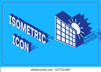 Isometric Solar energy panel and sun icon isolated on blue background.  Vector Illustration