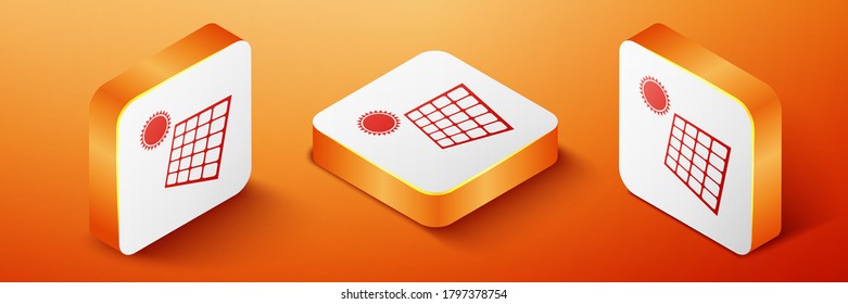 Isometric Solar energy panel and sun icon isolated on orange background. Orange square button. Vector.