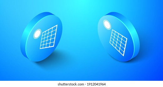 Isometric Solar energy panel and sun icon isolated on blue background. Blue circle button. Vector.