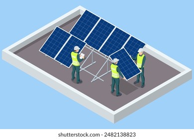 Isometric Solar energy, Photovoltaic panels, PV system, Photovoltaics, Solar modules, Solar field technician is examining the efficiency of a solar panel array. Energy efficiency, Microgrid,