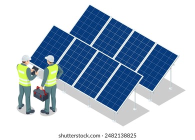 Isometric Solar energy, Photovoltaic panels, PV system, Photovoltaics, Solar modules, Solar field technician is examining the efficiency of a solar panel array.