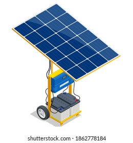 Isometric Solar Panel and Green Energy Battery. Renewable Energy Sources. Backup Power Energy Storage System isolated on white background.