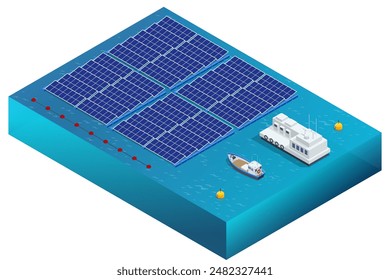 Isometric Solar panels or Solar cells on a buoy floating in a lake, sea, or ocean. A power plant utilizing sunlight as a renewable energy source. Renewable energy, Solar power plant