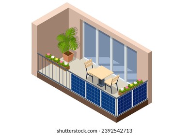 Isometric Solar Panels on Balcony of Apartment. Small Solar Panel energy system. Small Local Solar Panel Energy System on Balcony.