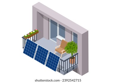 Isometric Solar Panels on Balcony of Apartment. Small Solar Panel energy system. Small Local Solar Panel Energy System on Balcony.