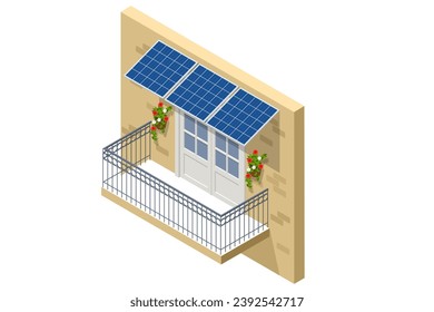 Isometric Solar Panels on Balcony of Apartment. Small Solar Panel energy system. Small Local Solar Panel Energy System on Balcony.