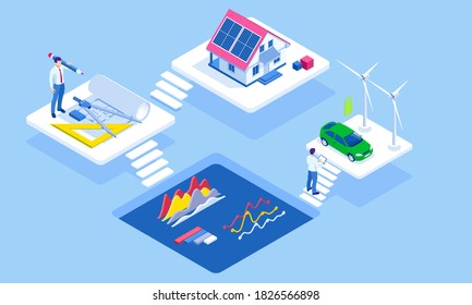 Isometric Solar panels on the roof of a family house. Eco energy and Ecology concept. Green energy an eco-friendly modern house. Renewable energy solar and wind power generation.