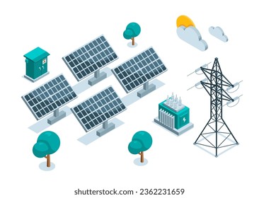 isometric solar panels and transformer booths, in color on a white background, green energy or solar