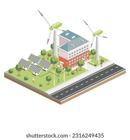 Isometric Solar Panels with Wind Turbine. Green Eco Friendly House. Infographic Element. Vector Illustration. City Architecture Isolated on White Background. Ecologically Clean City.