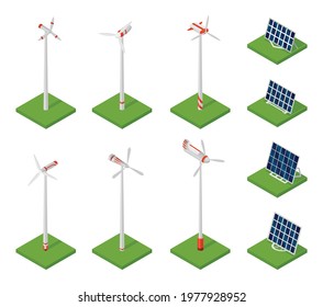 Isometric solar panels and wind turbines. Concept of clean energy. Clean ecological power. Eco renewable electric energy from sun and wind. Icon for web. Solar cell and windmills