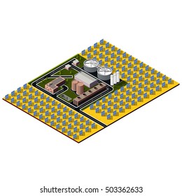 Isometric solar plant. Concept includes control buildings surrounded by solar panels. 3d map. Isometric concept of renewable energy.