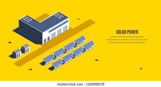 Isometric solar power plant. 3D concept of renewable energy