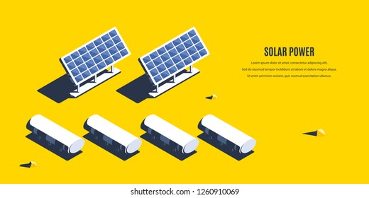 Isometric solar power plant. 3D concept of renewable energy