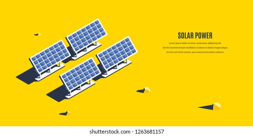 Isometric solar power plant. 3D concept of renewable energy