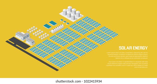 Isometric solar power plant. Solar panels with control buildings. 3D concept of renewable energy.