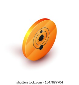 Isometric Solar system icon isolated on white background. The planets revolve around the star. Orange circle button. Vector Illustration