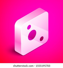 Isometric Solar system icon isolated on pink background. The planets revolve around the star. Silver square button. Vector Illustration