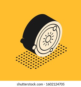 Isometric Solar system icon isolated on yellow background. The planets revolve around the star.  Vector Illustration