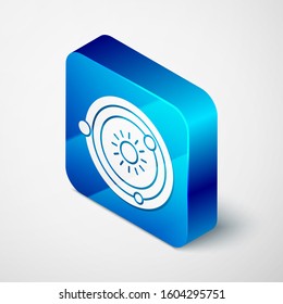 Isometric Solar system icon isolated on white background. The planets revolve around the star. Blue square button. Vector Illustration