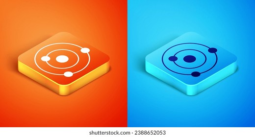 Isometrisches Sonnensystem Symbol einzeln auf orangefarbenem und blauem Hintergrund. Die Planeten kreisen um den Stern.  Vektorgrafik