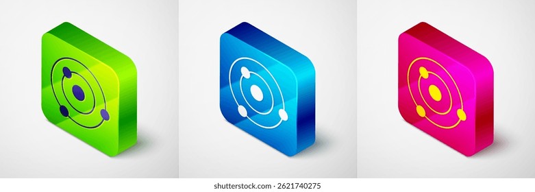 Isometric Solar system icon isolated on grey background. The planets revolve around the star. Square button. Vector