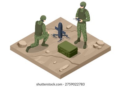 Isometric soldiers operating an interceptor drone on rough ground with an equipment case. Military field scene shows drone deployment, remote control, tactical surveillance and defense technology.