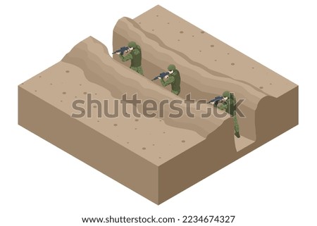 Isometric Soldiers in the trench. Trenches, securing positions. Soldiers at war. Sitting With Rifle Weapon In An Ambush In Trench. Special force crew. Military concept for army, soldiers and war.