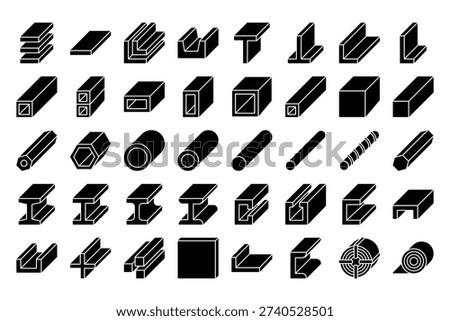 Isometric Solid Steel Beam and Metal Profile Set Industrial Construction Elements Vector Illustration