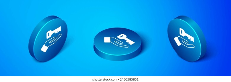 Isometric Solution to the problem in psychology icon isolated on blue background. Key. Therapy for mental health. Blue circle button. Vector