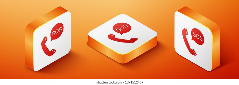 Isometrisches SOS-Rufsymbol einzeln auf orangefarbenem Hintergrund. 911, Notfall, Hilfe, Warnung, Alarm. Orangefarbene Quadrat-Taste. Vektorgrafik.