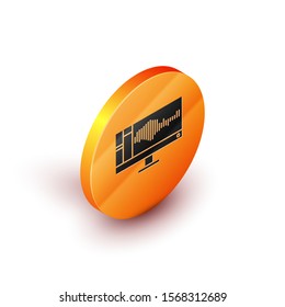 Isometric Sound or audio recorder or editor software on computer monitor icon isolated on white background. Orange circle button. Vector Illustration