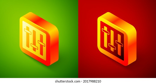 Isometric Sound mixer controller icon isolated on green and red background. Dj equipment slider buttons. Mixing console. Square button. Vector
