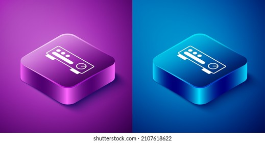 Isometric Sound mixer controller icon isolated on blue and purple background. Dj equipment slider buttons. Mixing console. Square button. Vector