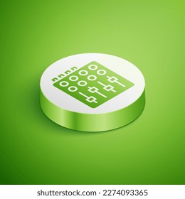 Isometrisches Sound Mixer-Symbol einzeln auf grünem Hintergrund. Schieberegler für DJ-Geräte. Mischkonsole. Weißer Kreis-Knopf. Vektorgrafik