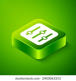 Isometric Sound mixer controller icon isolated on green background. Dj equipment slider buttons. Mixing console. Green square button. Vector