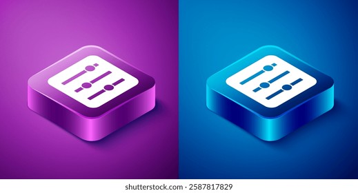 Isometric Sound mixer controller icon isolated on blue and purple background. Dj equipment slider buttons. Mixing console. Square button. Vector