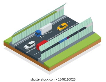 Isometric sound-absorbing tunnel isolated on white. Expressway equipped with sound-absorbing screens.